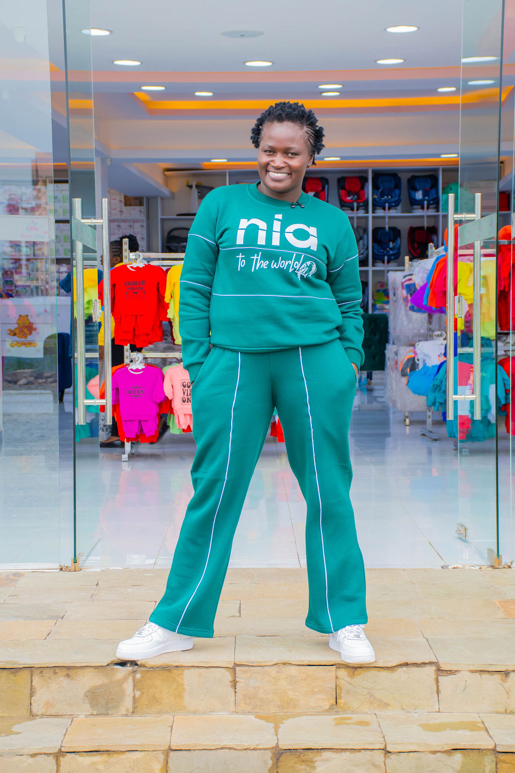 NIA Teal Green Graphic Sweatshirt & Jogger Set with White Piping | Unisex Two-Piece Tracksuit - Image 6