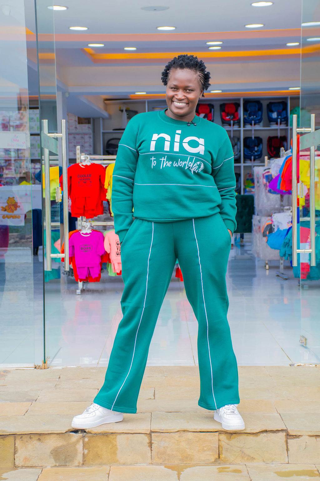 NIA Teal Green Graphic Sweatshirt & Jogger Set with White Piping | Unisex Two-Piece Tracksuit - Image 7