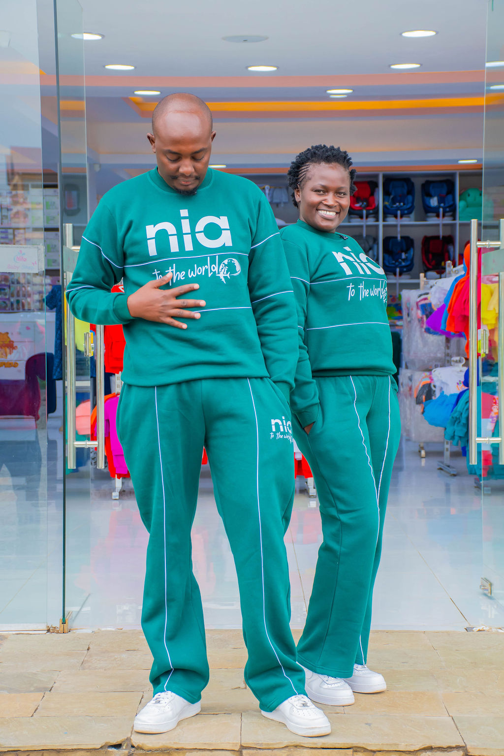 NIA Teal Green Graphic Sweatshirt & Jogger Set with White Piping | Unisex Two-Piece Tracksuit