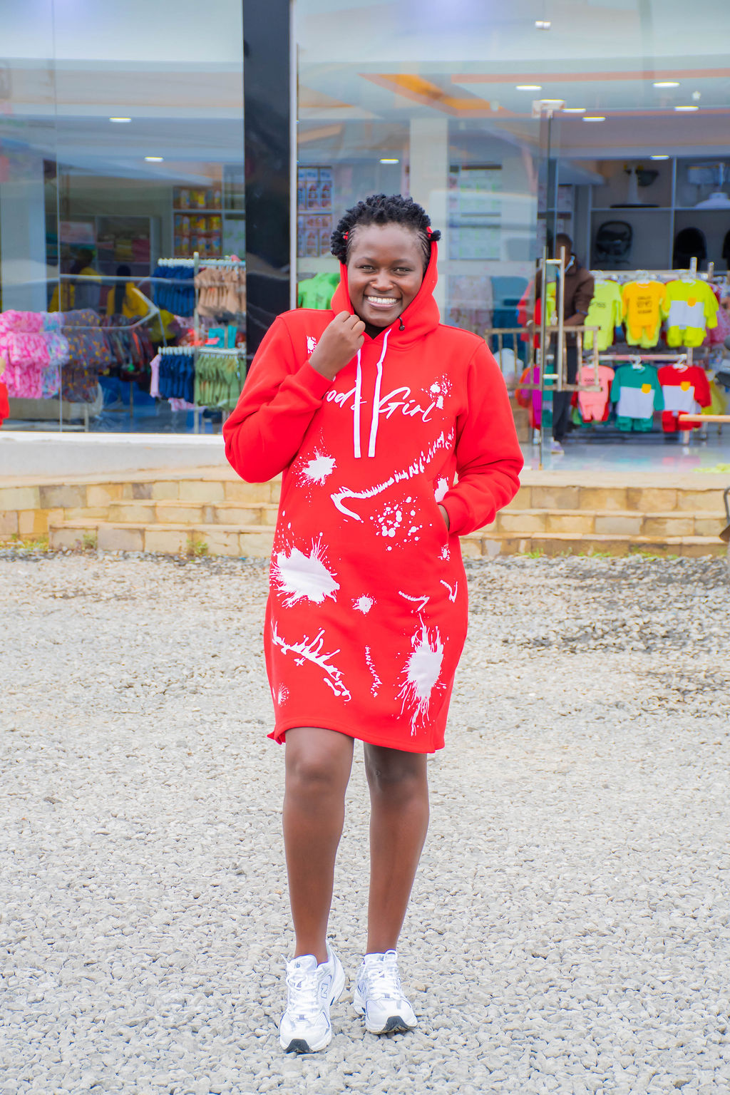 Red Graphic Print Hooded Sweatshirt Dress
