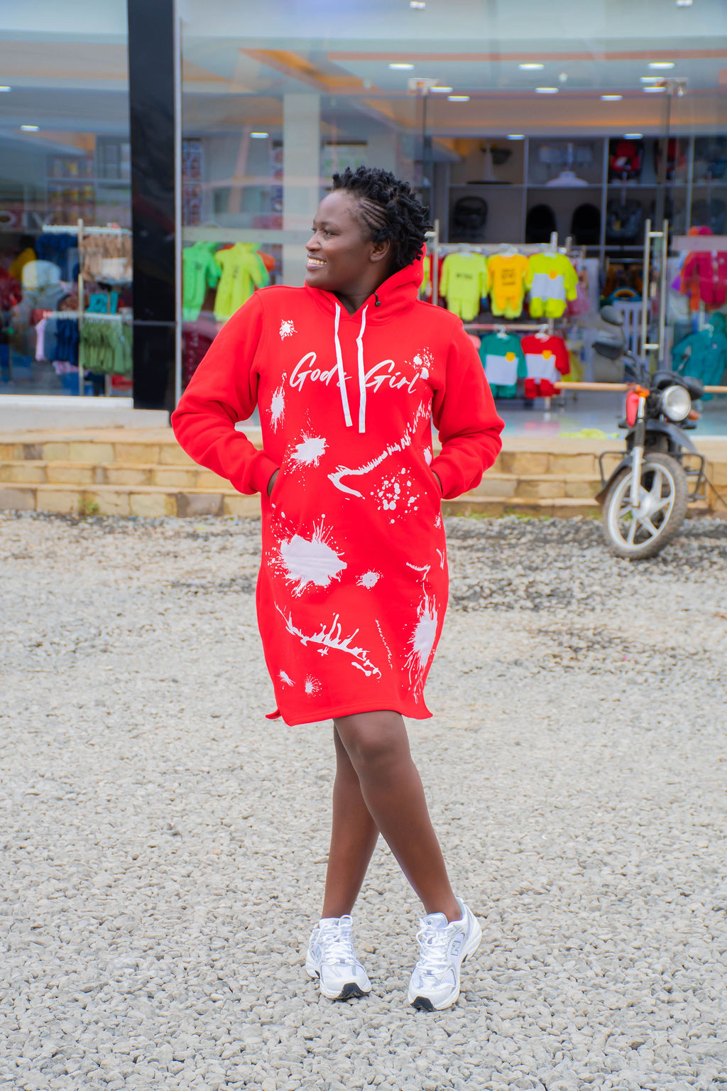 Red Graphic Print Hooded Sweatshirt Dress - Image 2