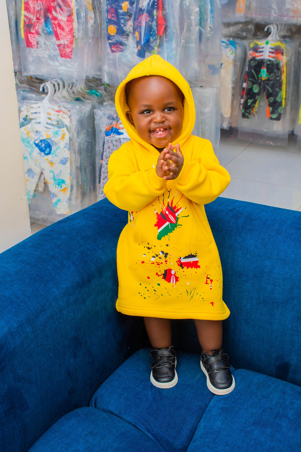 Kids Yellow Kenya Flag Graphic Hooded Sweatshirt Dress - Image 5